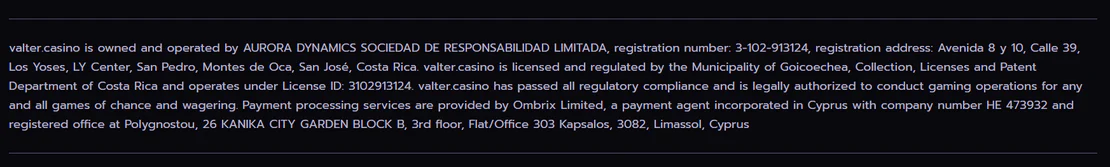 valtercasino casino license